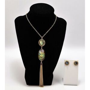 NTW Necklace & Earrings Abalone Shell Metal‎ Gold Tone Clear Rhinestones